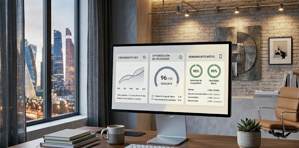Dashboard moderno mostrando métricas SEO, velocidad de carga y rendimiento web
