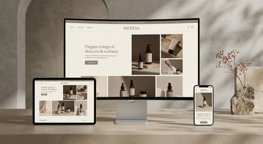 Sitio web premium responsive mostrado en desktop, tablet y smartphone