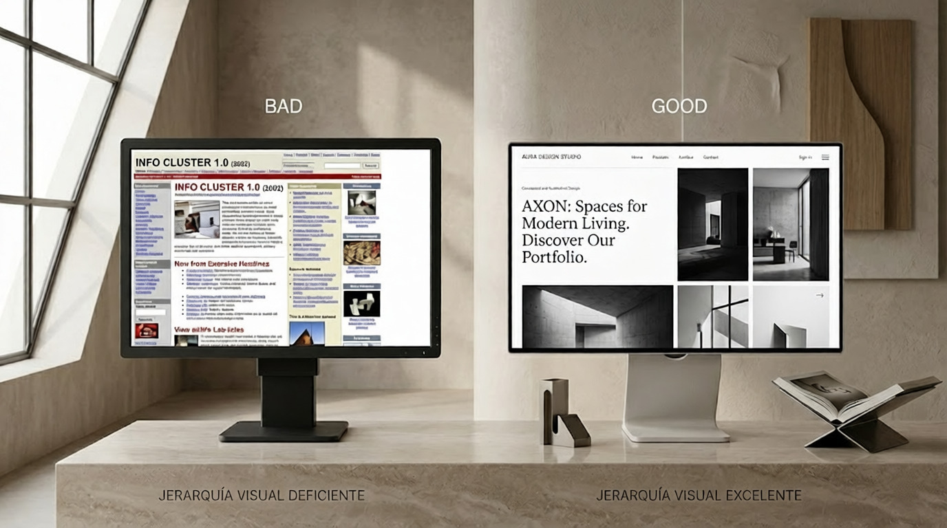 Comparativa entre diseño web desordenado y diseño web moderno con jerarquía visual clara