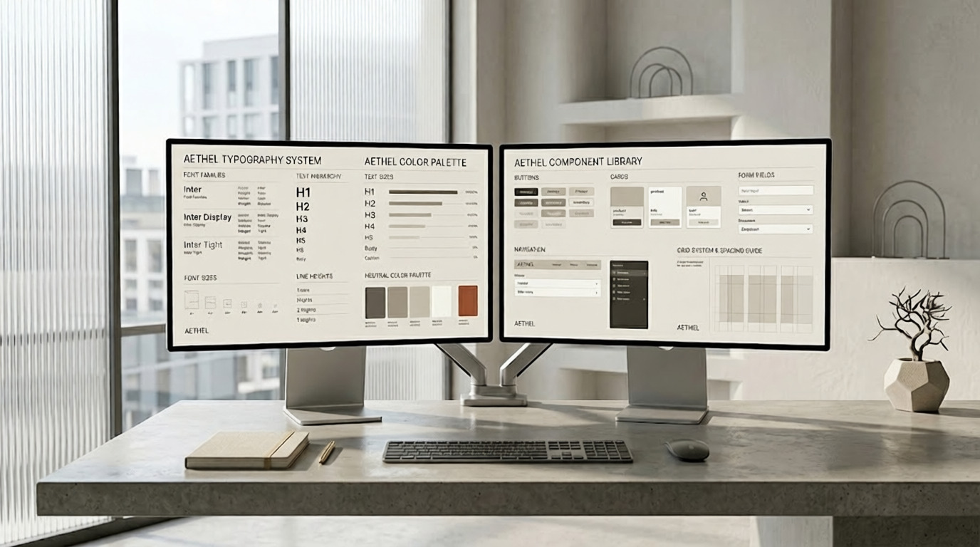 Sistema de UI design con botones, tipografías, espaciado y componentes organizados en fondo neutro