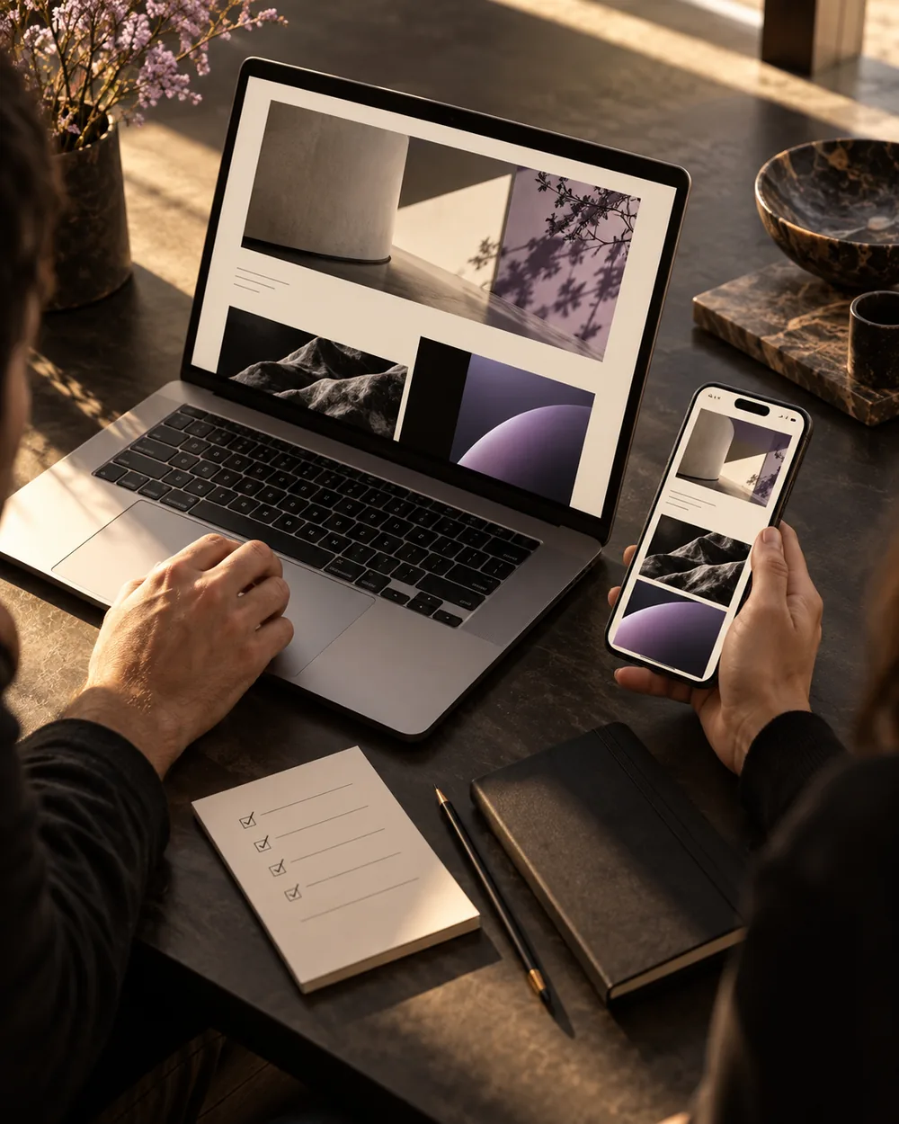 Revisión final de un sitio web en notebook y teléfono antes de su lanzamiento